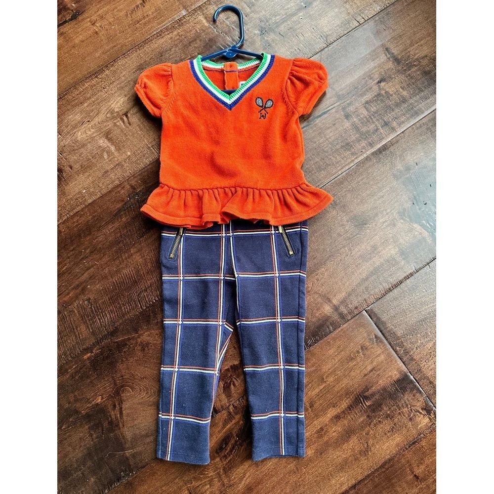 Janie and jack outfit set tennis knit sweater navy windowpane leggings 6-12‎